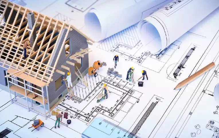 drawn image of blueprints and a home under construction depicting a new home pre-sheetrock inspection